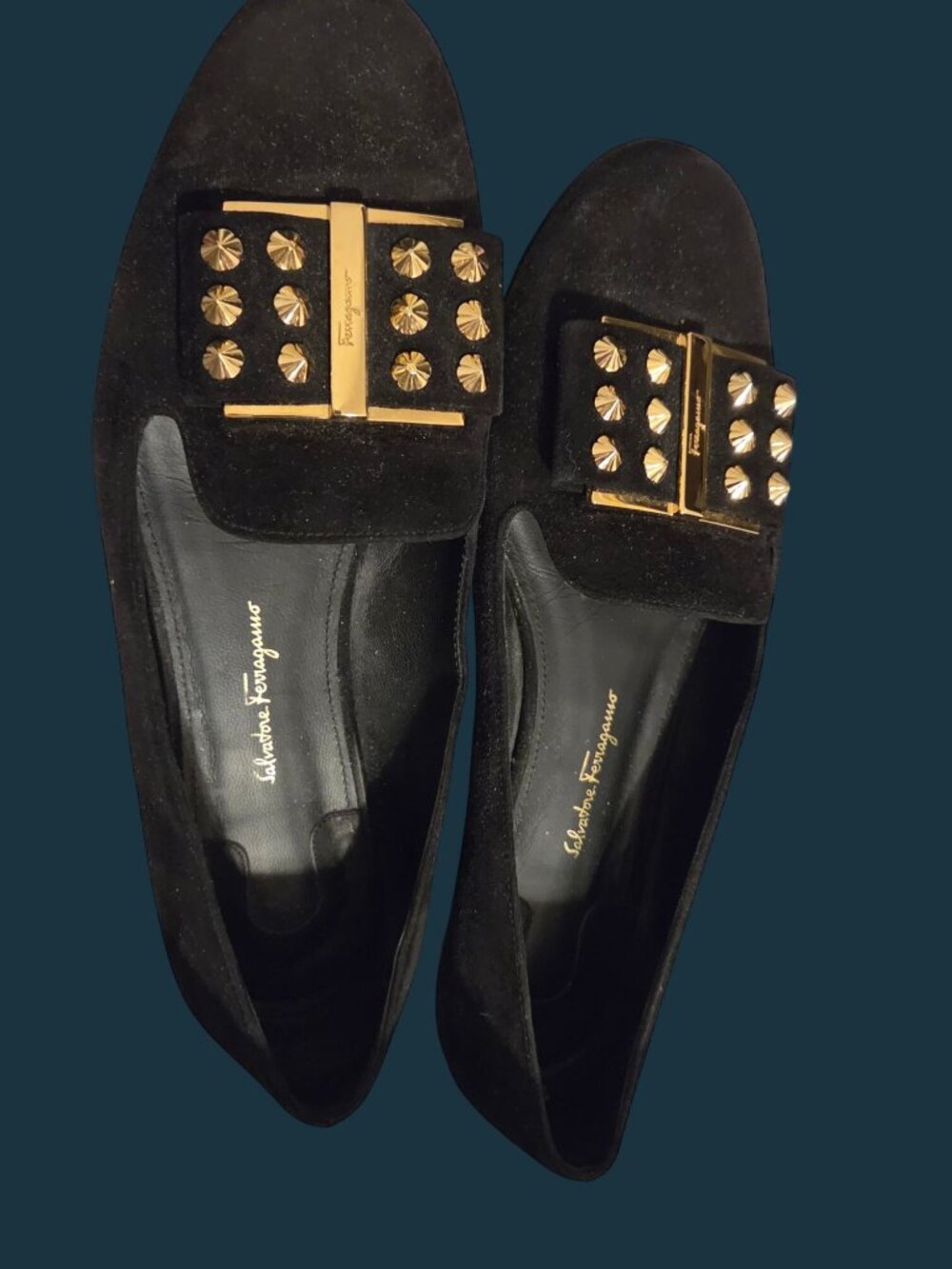 Salvatore Ferragamo Sarno Studded Loafers Black Suede Sz 8C - W/ Original Box - Picture 12 of 16